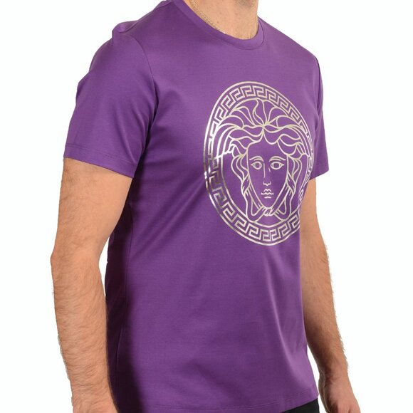 Versace Men's Purple&Silver Medusa Logo Print Short Sleeve T-Shirt US L IT 52 - Picture 2 of 6